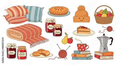 Collection of cozy autumn items includes pillows, a blanket, jars of jam, pie, fruit, books, coffee, and knitting supplies.
