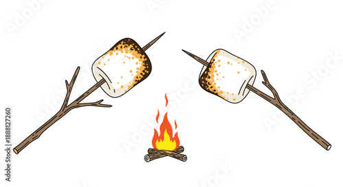 Two toasted marshmallows on wooden sticks are held over a small campfire in a simple illustration against a white background.