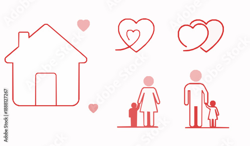 Red Line Icon Template of Home and Family Love Vector Illustration