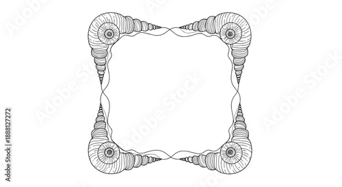 Square frame is formed by four detailed snail shells in the corners connected by thin lines in a black and white line art style.