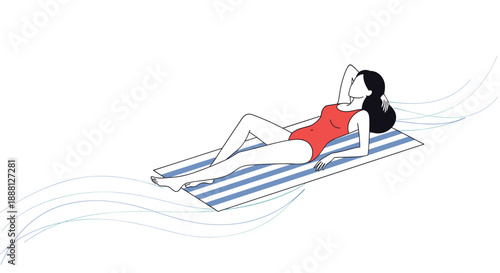 Minimalist illustration of a young woman in a red swimsuit relaxing on a blue striped towel while floating on ocean waves.