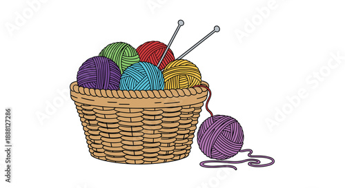Woven brown basket filled with multiple colorful balls of yarn and two grey knitting needles for creative handmade hobbies.