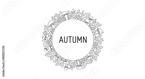 Hand drawn autumn wreath featuring various mushrooms, oak leaves, and forest berries isolated on a clean white background.