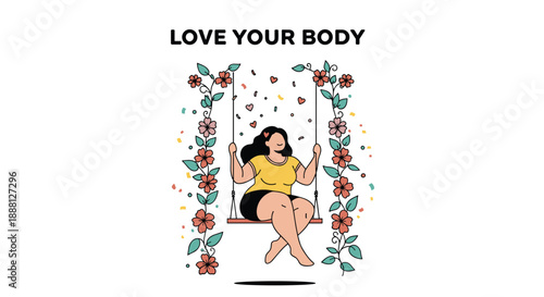 Empowering illustration of a happy plus size woman sitting on a floral swing under the positive text message love your body.