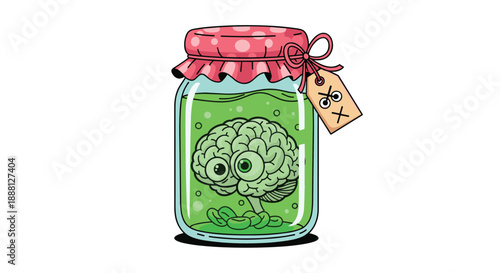 Weird and spooky cartoon illustration of a human brain with big eyes preserved inside a jar of bubbling green liquid.