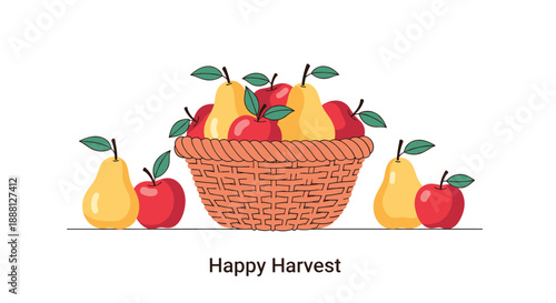 Cheerful harvest illustration with a basket full of apples and pears alongside the celebratory text message Happy Harvest.