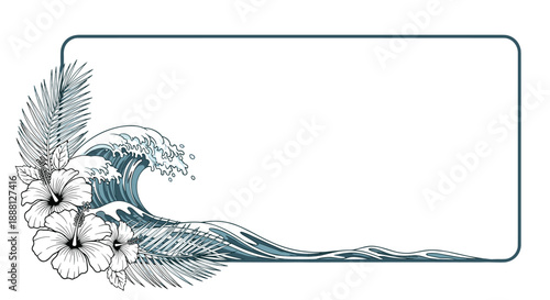 Tropical themed frame with a crashing ocean wave, hibiscus flowers, and palm leaves for summer holiday or travel designs.