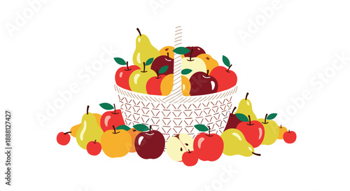 Large wicker basket and surrounding area overflowing with a bountiful harvest of fresh red and green apples and yellow pears.