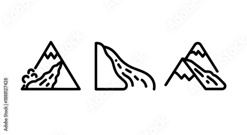 Collection of three simple line art icons depicting mountains and waterfalls, ideal for nature and adventure themes.