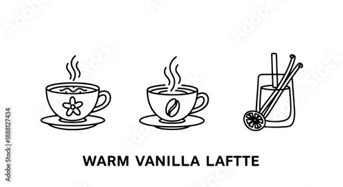 Delightful line art icons of steaming hot beverages, featuring coffee cups with decorative elements and a refreshing iced drink.