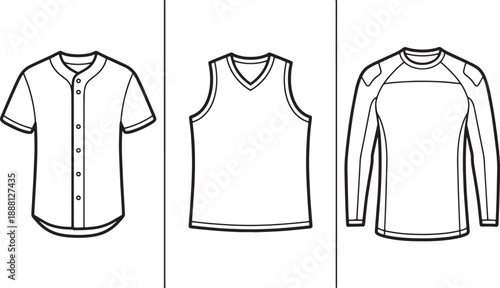 Basketball jersey and baseball shirt linear vector template for sports apparel collection
