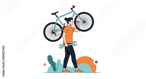 Modern illustration of a woman carrying a blue bicycle on her shoulder while holding a wrench, symbolizing bike repair and maintenance.