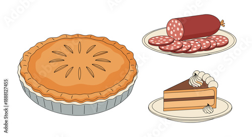 Food illustration featuring a whole golden crust pie, a plate of sliced salami sausage, and a layered chocolate cake slice with cream topping.