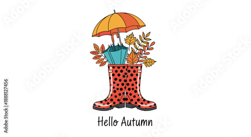 Autumn greeting featuring a pair of red polka dot boots filled with an umbrella and falling leaves with the text hello autumn below.