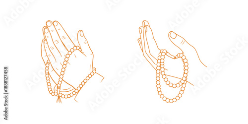 A vector illustration depicting a Muslim hand praying with beads, isolated on a white background. This simple black and white line drawing is suitable for coloring books - a line-drawn vector
