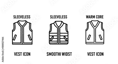 Modern line art icons showcasing sleeveless vests and a warm core vest, representing casual and functional outerwear options.