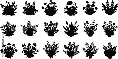 Black silhouettes of various plants and flowers on white background plant silhouettes