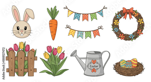 Cheerful collection of Easter icons including a bunny face, a carrot, floral arrangements, colorful bunting, a wreath, and decorated eggs.
