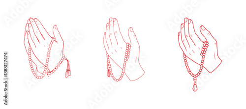 A hand-drawn illustration of a Muslim hand in prayer with beads, set against a white background. This black and white vector image is designed for coloring books - a line-drawn vector illustration.
