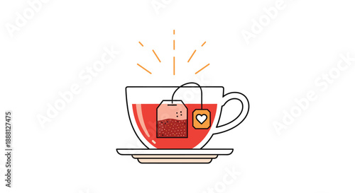 Illustration of a cup of hot tea with a tea bag inside featuring a heart icon and radiant light rays above on a white background.