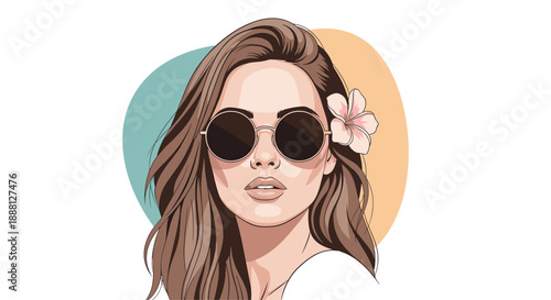 Stylish portrait of a young woman with long wavy hair wearing round sunglasses and a tropical flower behind her ear on a colorful background.