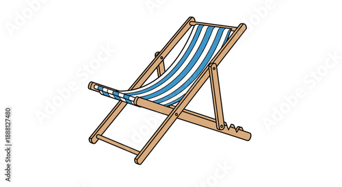 Classic wooden beach deck chair with blue and white striped fabric set against a white background for a summer vacation concept.
