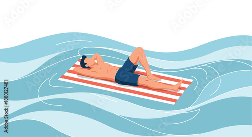 Top view illustration of a man relaxing on a red and white striped floating mat in the middle of bright blue wavy ocean water.