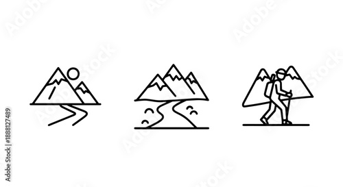 Three adventurous line art icons capturing mountain landscapes and a hiker with trekking poles, symbolizing outdoor exploration and travel.