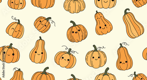 Seamless pattern of diverse cartoon pumpkins with various funny and cute facial expressions in a repeating design on a light background.