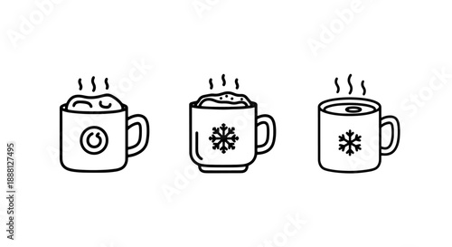 Cozy line art illustrations of hot drinks in mugs, adorned with festive snowflakes and topped with whipped cream, perfect for winter cafes.