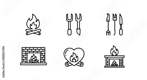 Set of six rustic line art icons featuring fires, fireplaces, and grilling tools, evoking warmth, comfort, and outdoor cooking.