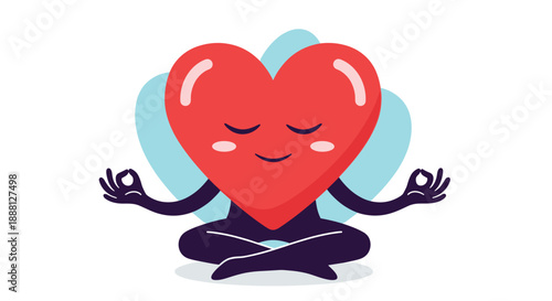 Cartoon red heart character with a serene face sitting in a meditative yoga lotus pose with its hands in mudras on a soft background.