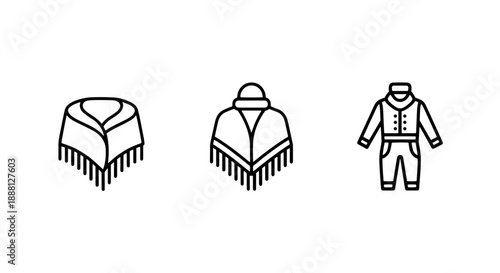 Iconographic collection of winter clothing: draped shawl, fringed poncho, and insulated snowsuit.