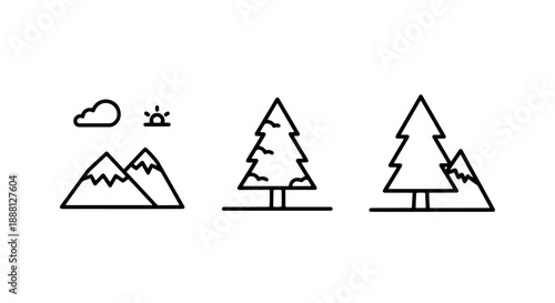 Simple line art icons representing a mountain range with a cloud and sun, followed by evergreen trees, symbolizing nature and outdoor environments.