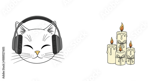 Cute white cat wearing headphones alongside burning candles creates a peaceful and relaxing atmosphere for study or sleep.