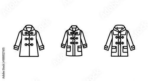 Minimalist outline icons of classic duffle coats with toggles and hoods, representing outerwear style.
