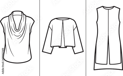 Fashion woman top and draped cowl neck blouse technical drawing collection for production