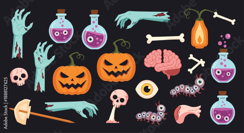 Spooky Halloween asset collection features zombie hands, carved pumpkins, anatomical organs, and creepy potions on a dark background.