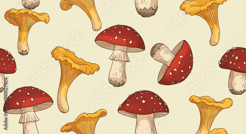 Seamless pattern showcasing a variety of forest mushrooms including red amanita muscaria and orange chanterelles on a light cream base.