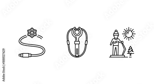 Collection of minimalist line art icons representing winter activities and weather: snow, tools, and skiing person.