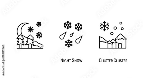 Simple line art icons illustrating winter night and snow elements: moonlit trees, snowflakes, and snowy houses.