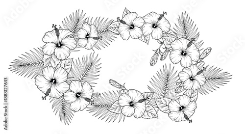 Tropical flower wreath illustration features delicate hibiscus blooms and palm leaves in a refined black and white hand drawn style.