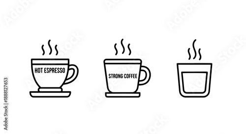 Minimalist icons representing hot coffee beverages: espresso cup, mug with coffee bean, and shot glass.