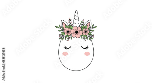 Adorable unicorn head with closed eyes and a vibrant pink flower crown symbolizes magic, dreams, and whimsical fantasy for children.