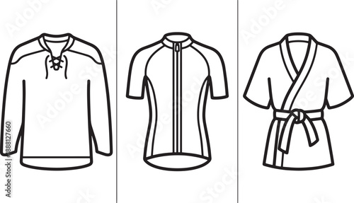 Minimalist vector outline icons representing various sport apparel and athletic clothing