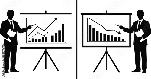 Businessman presenting rising and falling graph charts on easel boards finance presentation