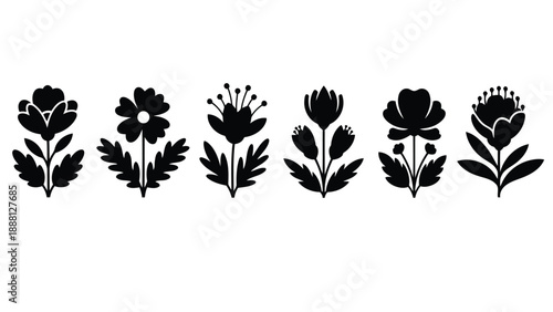 A row of six distinct black floral silhouettes presented against a stark white background displaying botanical artistry