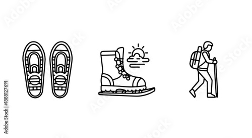 Outdoor activity icons: snowshoes, hiking boot with ski, and a hiker with poles in minimalist line art style.