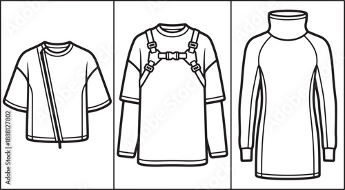 Outline vector illustration of three different trendy t shirts for men and women