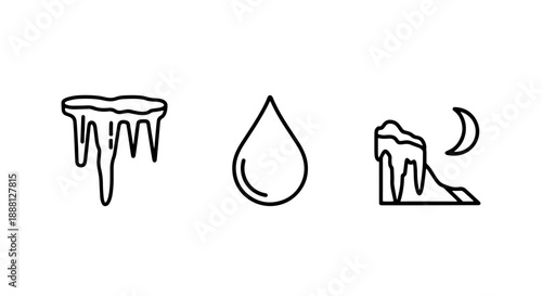 Simple outline icons representing winter elements: icicles on a ledge, a water droplet, and an icy rock formation under a crescent moon.